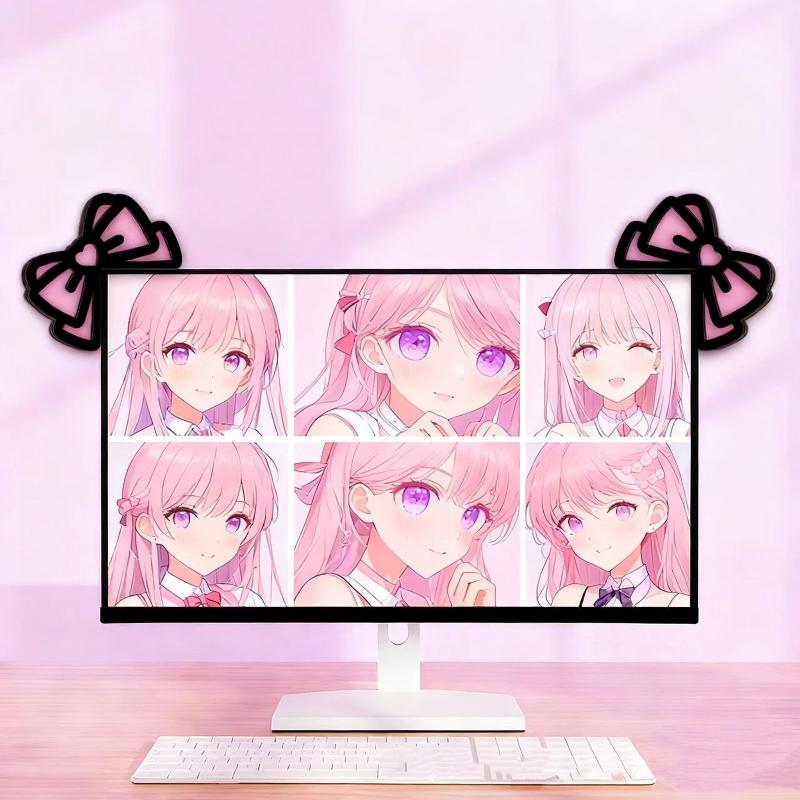 Home Office Programmer - Neue 1/2-teilige Holz-Schleifen-PC-Accessoires, Kawaii 2D-Schleifen-Monitor-Deko, niedliche