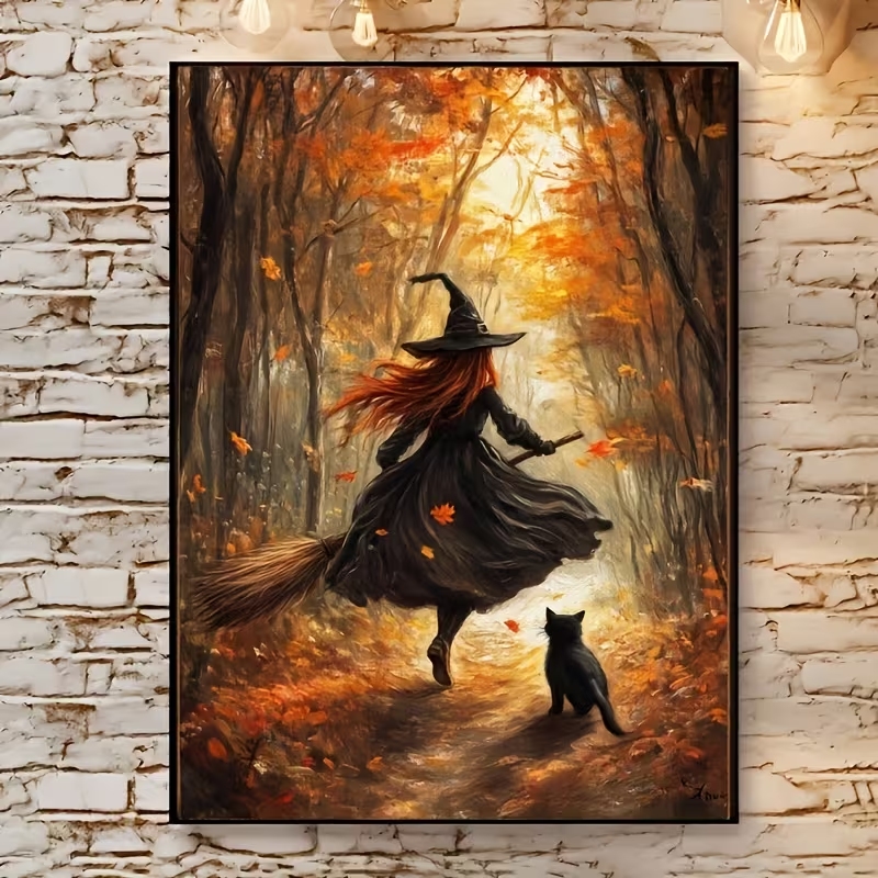 Home Office Photos - Retro Halloween Herbsthexe auf Besenrad Wandkunstdruck