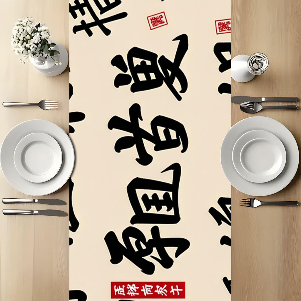 Home Office News - 1 Stück chinesischer Kalligraphie-Kunst-Tischläufer, festliches Dekorationsgewebe
